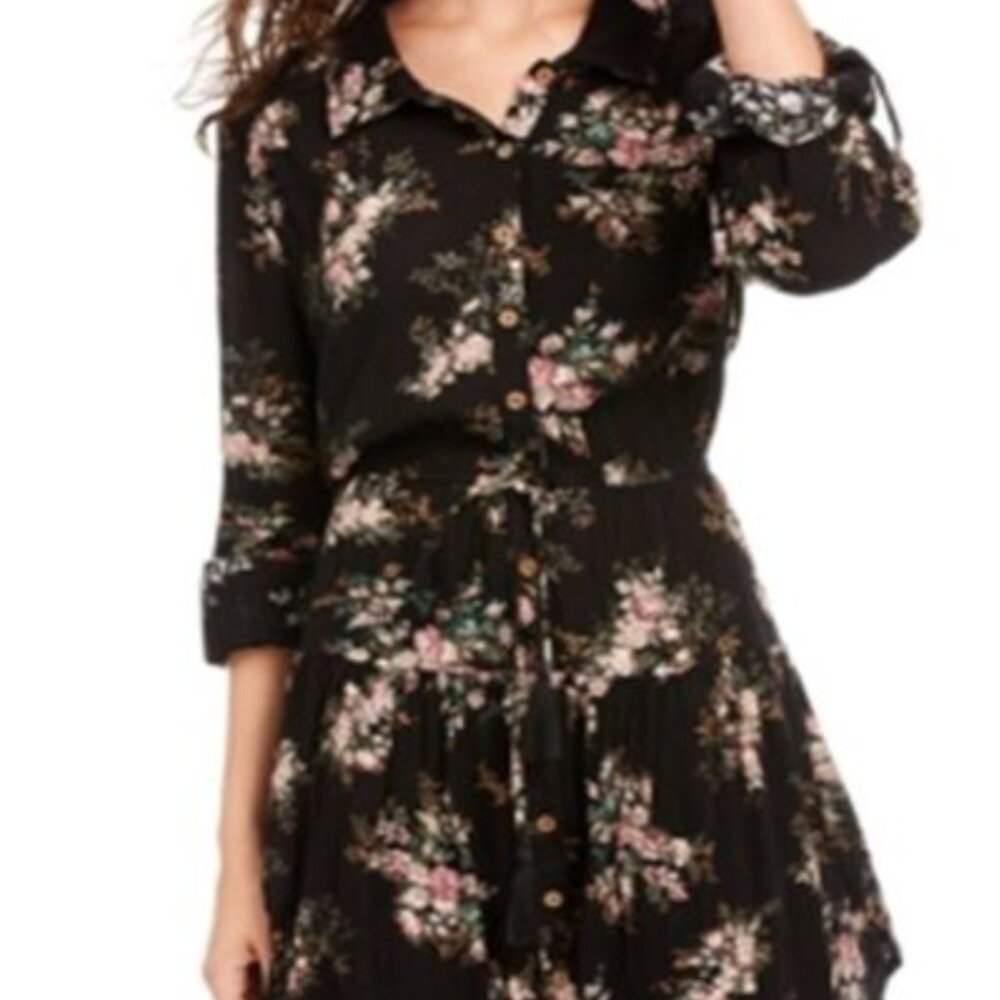 American Rag Junior's Printed Roll Sleeve Shirtdress - Black Size Medium